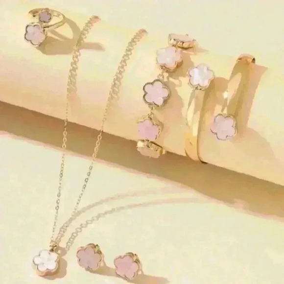 Pink Clover Five Jewelry Set: Gold over sterling silver with dainty pink clovers - Picture 3 of 3